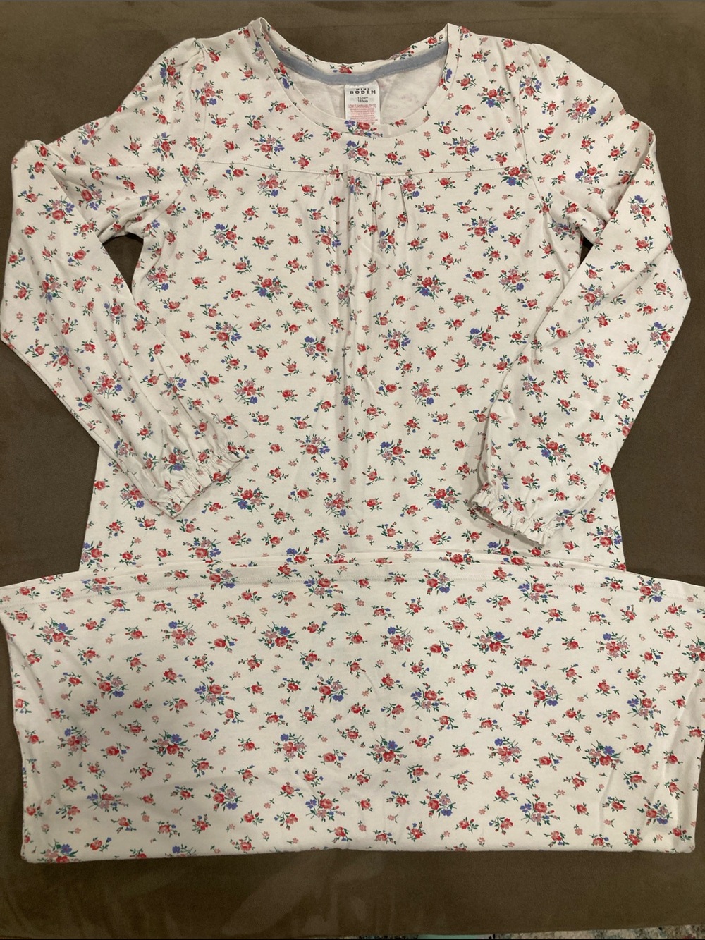 Mini Boden White Floral Long-Sleeve Nightgown with Pink and Blue Flowers